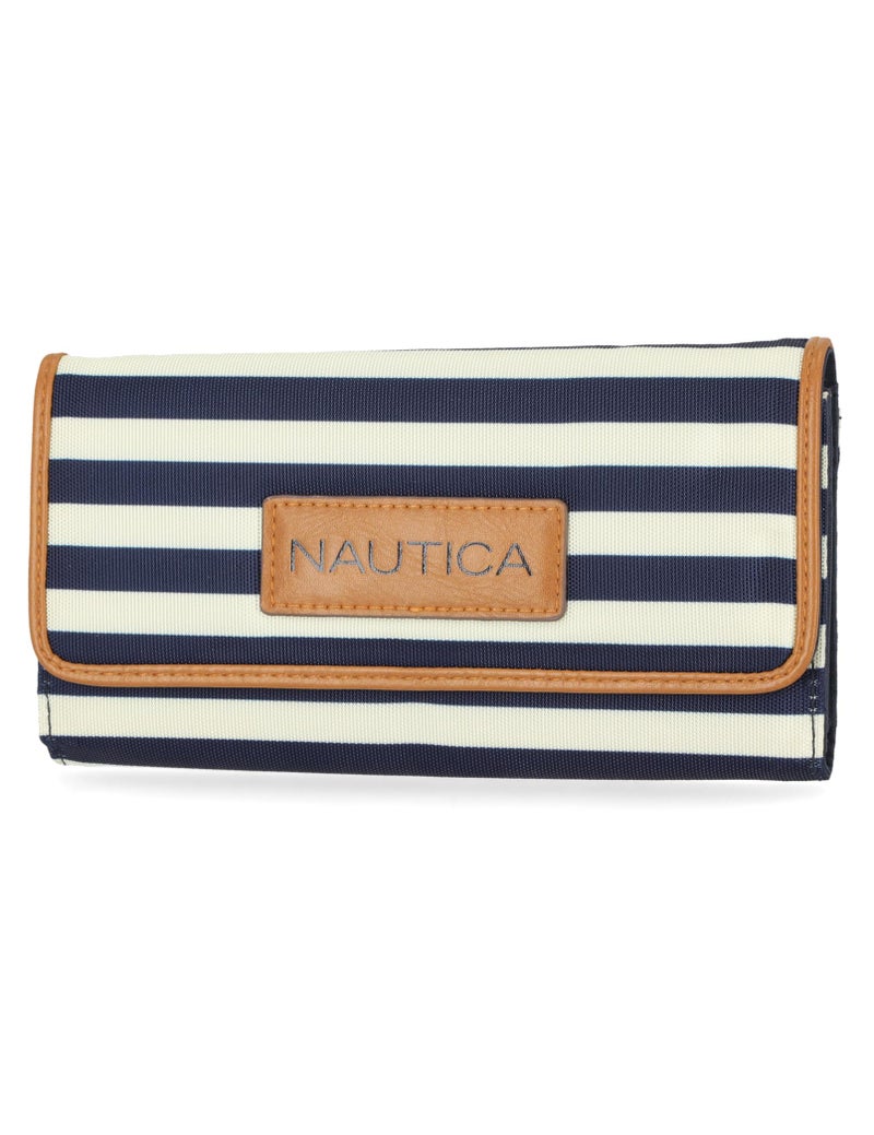 NAUTICA محفظة تنظيم أموال نسائية من نوتيكا مع حجب RFID، حافظة هاتف بسيطة مع فتحات بطاقات، إغلاق بالضغط، وجيب للعملات، أزرق غامق/عظم/رمل - Image 1