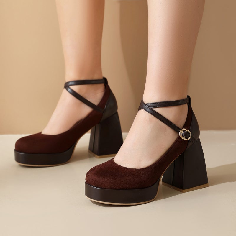 2024 Spring Fashion High Heel Thick Bottom 32-46 Cross Buckle Suede Solid Color Shallow Mouth Single Shoes - Image 2