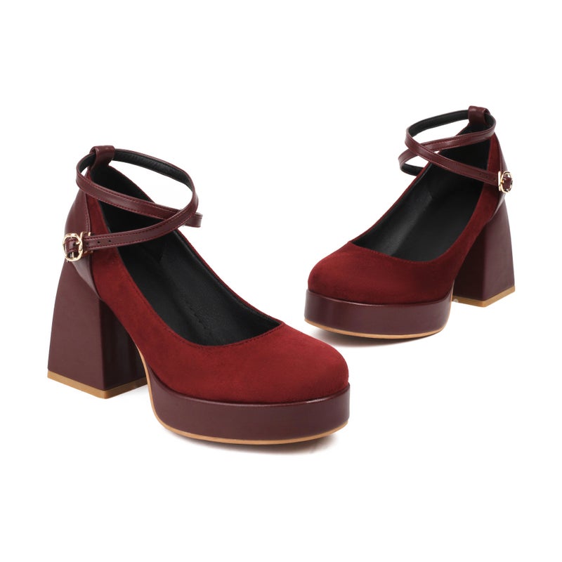 2024 Spring Fashion High Heel Thick Bottom 32-46 Cross Buckle Suede Solid Color Shallow Mouth Single Shoes - Image 1