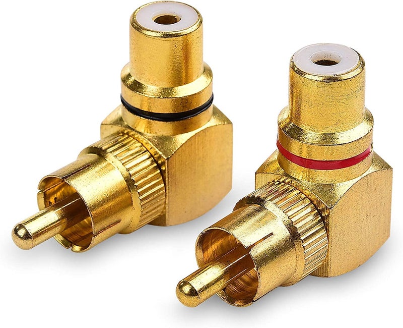 fdealz® [ 2 Pieces ] 90 Degree RCA Adapter, RCA Male-to-Female Elbow Connector, Gold-Plated Right-Angle Adapter for HiFi Amplifier Stereo Audio or AV Video - Image 1