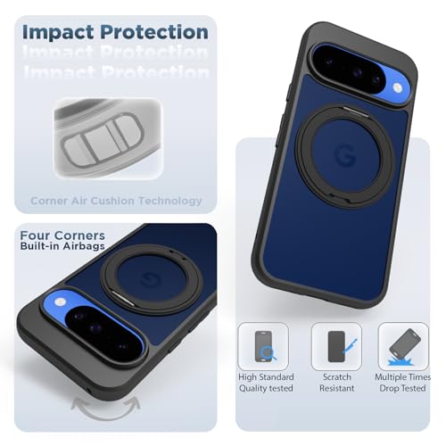 RIGGEAR Shockproof Sleek Hybrid Armor 360° Rotating Magnetic Ring Stand Back Cover Case Compatible with MagSafe Accessories for Google Pixel 10 / Pixel 10 Pro (Smoke Black Matte PC + Black TPU Bumper) - Image 2