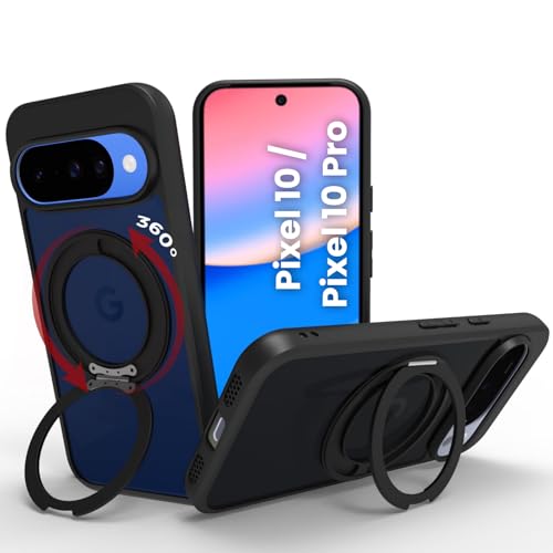 RIGGEAR Shockproof Sleek Hybrid Armor 360° Rotating Magnetic Ring Stand Back Cover Case Compatible with MagSafe Accessories for Google Pixel 10 / Pixel 10 Pro (Smoke Black Matte PC + Black TPU Bumper) - Image 1