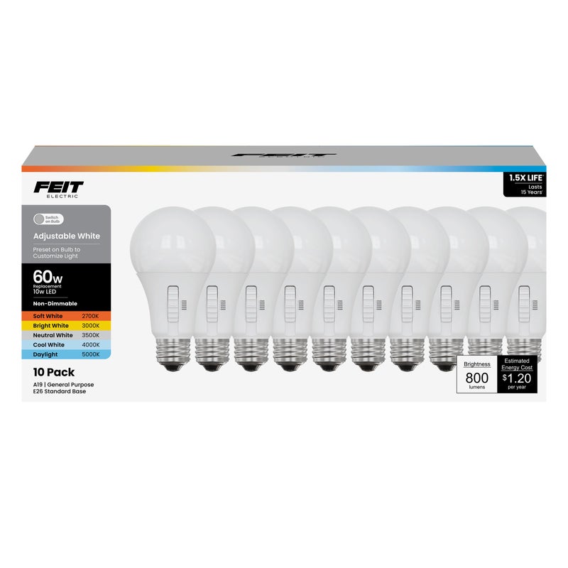 Feit Electric A19 LED Light Bulb 60W Equiv NonDimmable Selectable Color Temperatures 2700K5000K 800 Lumens General Purpose Light Bulbs 17000Hour Lifetime OM605CCT15KLED10 10 Pack - Image 2