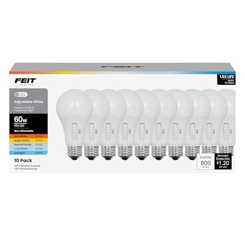 Feit Electric A19 LED Light Bulb 60W Equiv NonDimmable Selectable Color Temperatures 2700K5000K 800 Lumens General Purpose Light Bulbs 17000Hour Lifetime OM605CCT15KLED10 10 Pack - Image 1