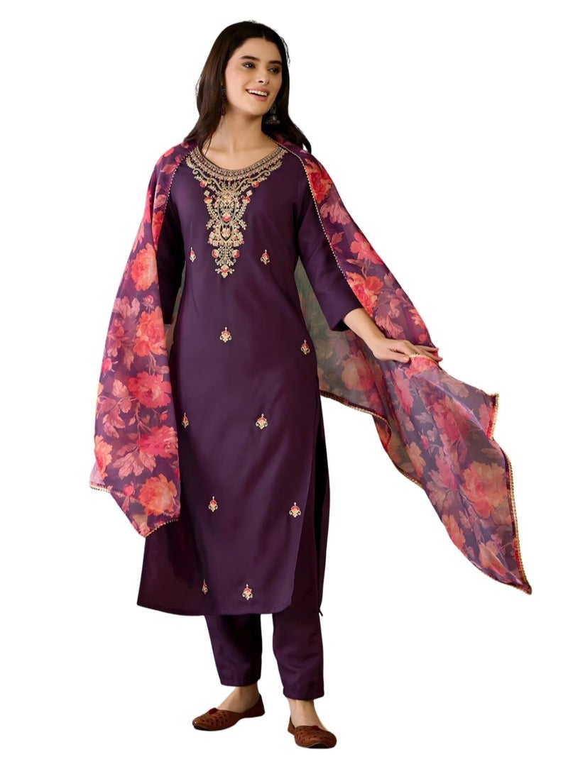 Naixa Women's Rayon Embroidered and Printed Straight Kurta with Pant and Dupatta Sets (NX-513-Wine-3XL) - Image 1