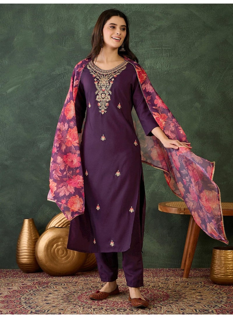 Naixa Women's Rayon Embroidered and Printed Straight Kurta with Pant and Dupatta Sets (NX-513-Wine-3XL) - Image 2
