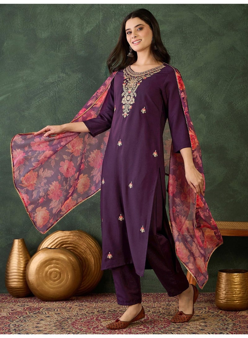 Naixa Women's Rayon Embroidered and Printed Straight Kurta with Pant and Dupatta Sets (NX-513-Wine-3XL) - Image 3