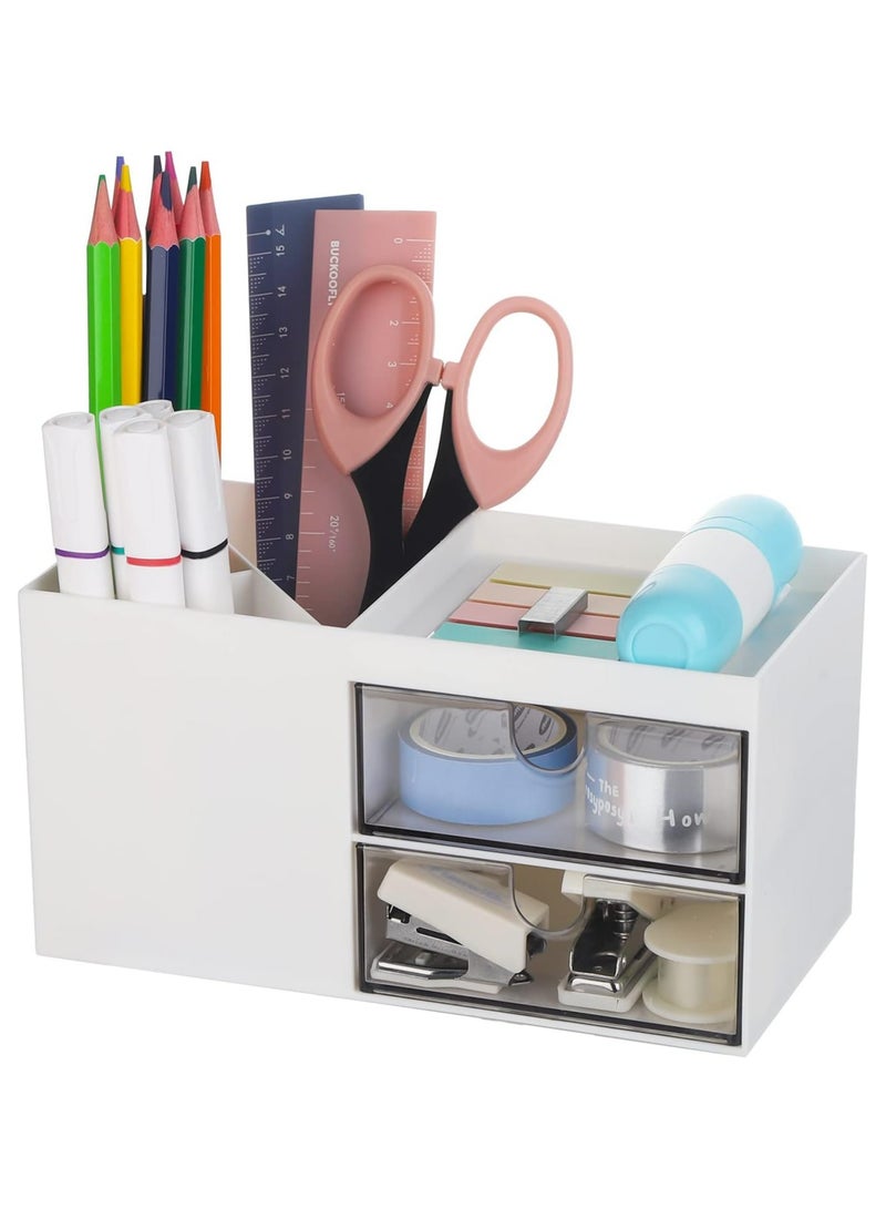 Oasisgalore Desk Makeup Organizer with Drawer, Office Supplies Organizers and Storage for Mini Things -White - Image 1