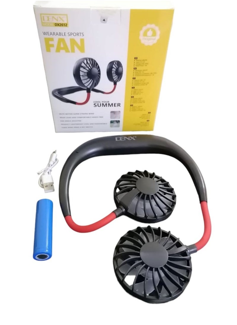 Denx Portable Neck Fan Rechargeable With Micro Usb Port, Headphone Design, Strong Airflow, 360 Degree Rotation With Dual Wind Head For Outdoor, Office, Home, Black/Red  - Image 1