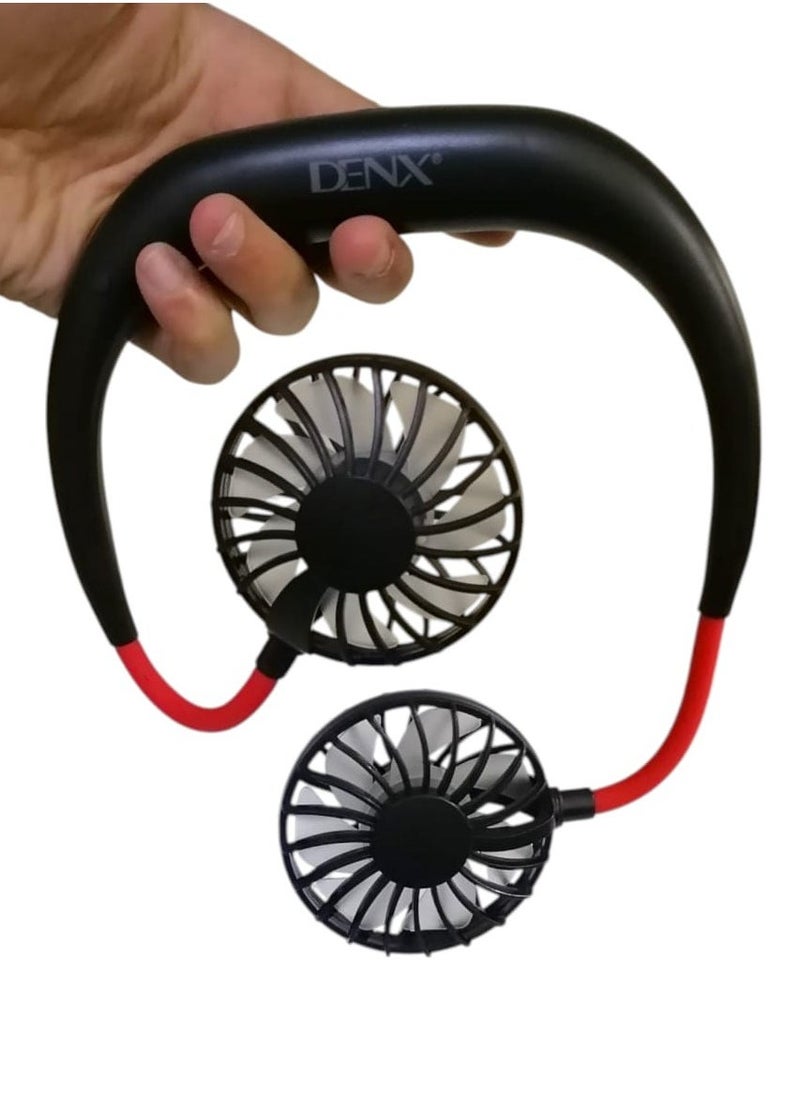 Denx Portable Neck Fan Rechargeable With Micro Usb Port, Headphone Design, Strong Airflow, 360 Degree Rotation With Dual Wind Head For Outdoor, Office, Home, Black/Red  - Image 2