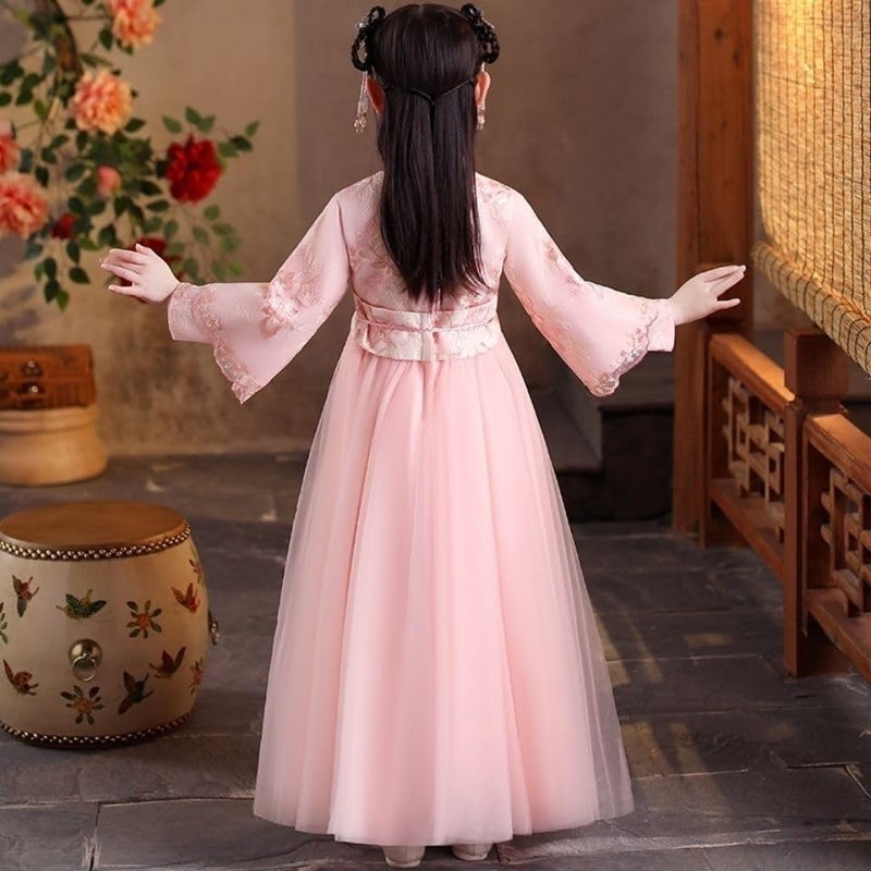 JUSTADIL Girl's Hanfu Dress, New Spring/Autumn Style Chinese Tang Suit, Fairy-like Princess Ancient Ruqun Dress, Traditional Chinese Costume for Kids(Waist rope+headwear+fan) - Image 3