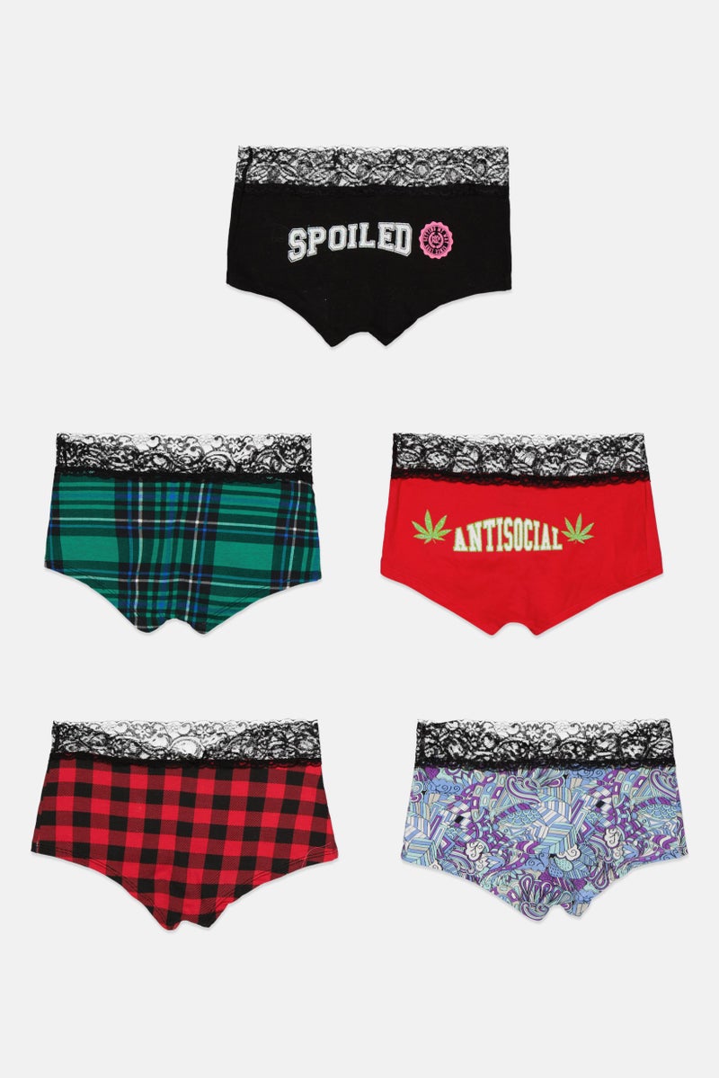 Always A Flirt Women 5 Packs Allover Print Boyshorts, Black/Red/Green/Purple  - Image 2