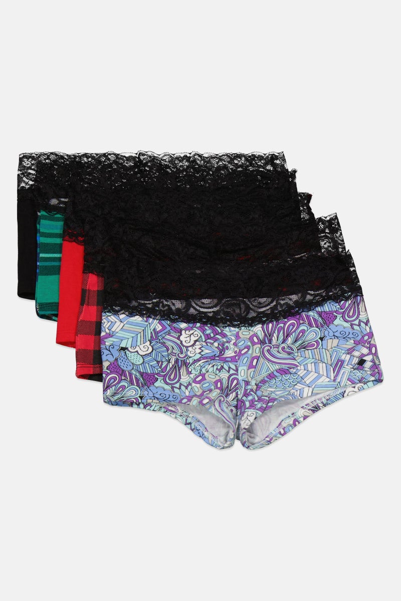 Always A Flirt Women 5 Packs Allover Print Boyshorts, Black/Red/Green/Purple  - Image 3