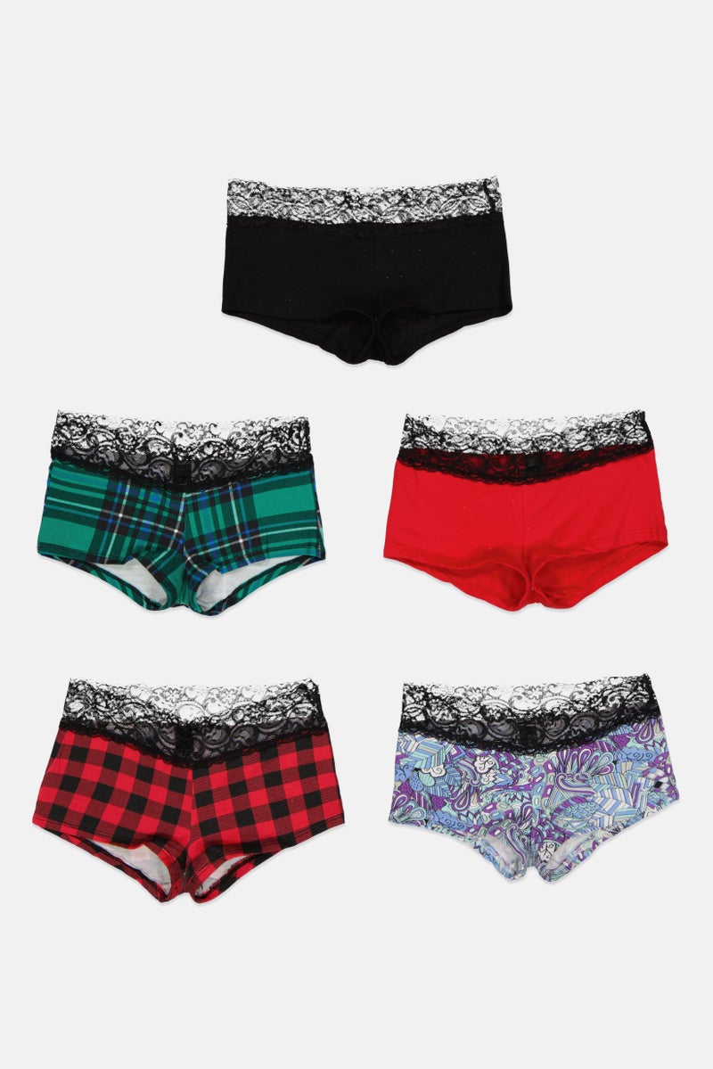 Always A Flirt Women 5 Packs Allover Print Boyshorts, Black/Red/Green/Purple  - Image 1