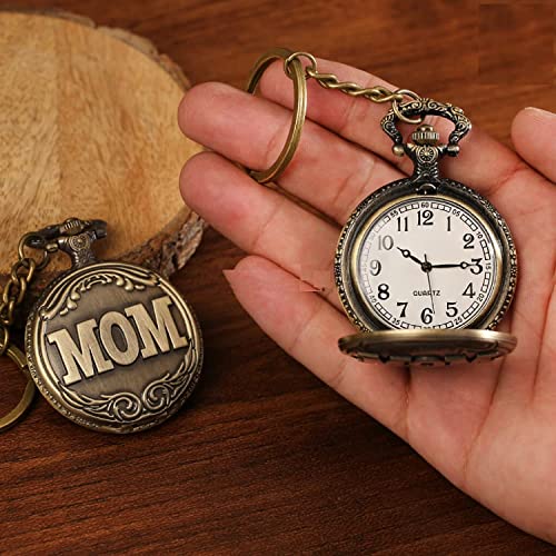 FowWelt Pocket Watch Metal Keychain Retro Vintage for Gifting With Key Ring Anti-Rust (Mom) - Image 2