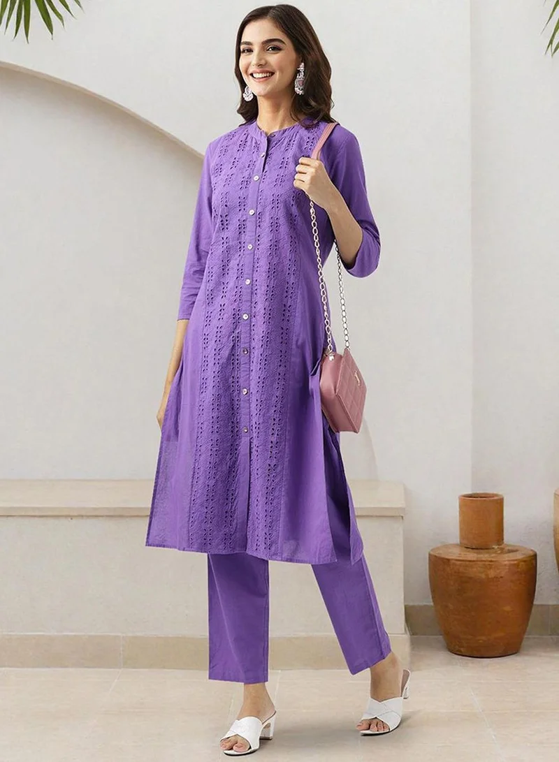 آي شين Women's Purple 100% Cotton Embellished Regular Fit Kurta Set