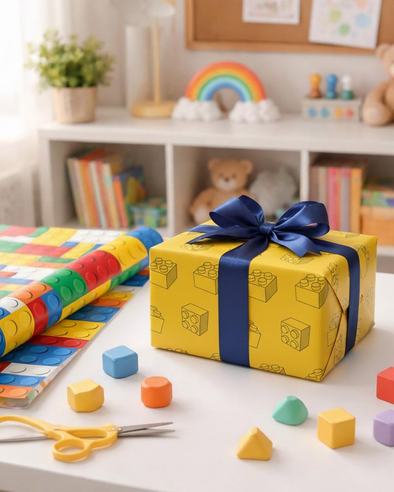 MAYPLUSS Wrapping Paper Roll - 17 Inch X 16.5 Feet Building Blocks Gift Wrap Featuring Colorful Building Bricks for Boys Girls Kids Birthday Party - Image 3
