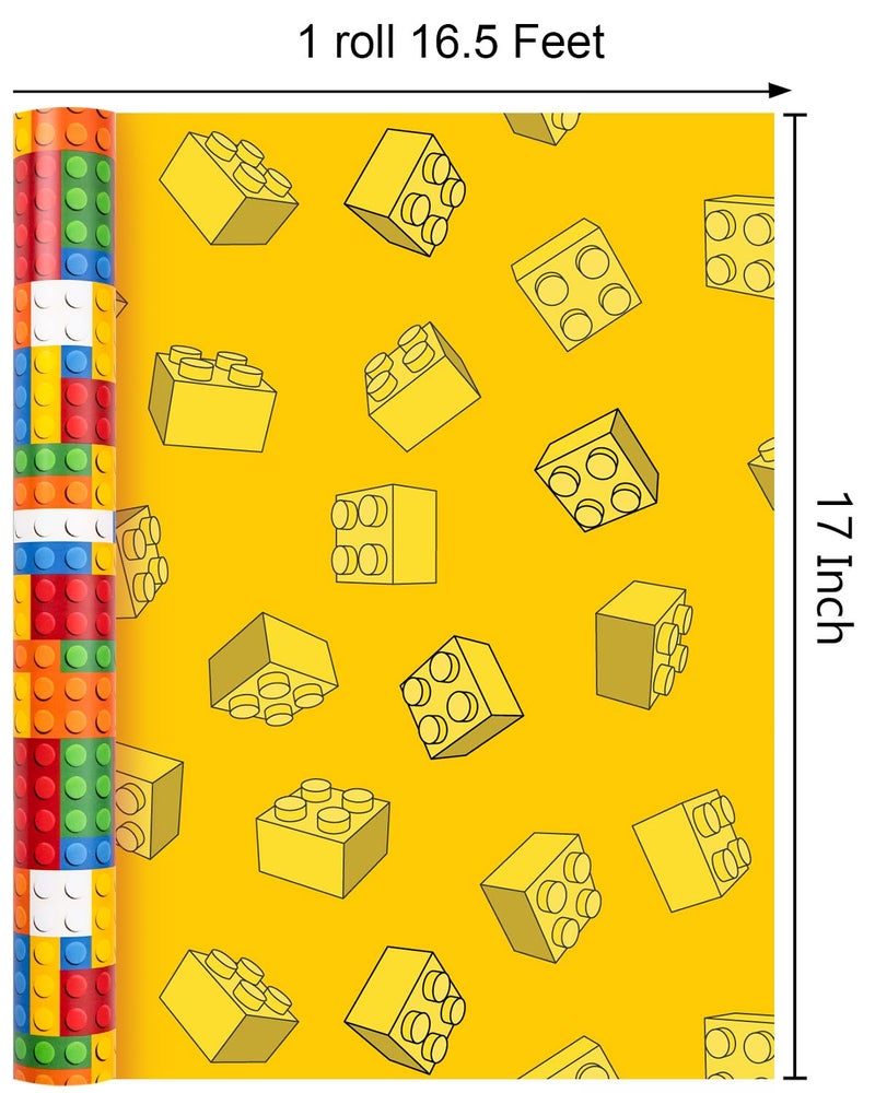 MAYPLUSS Wrapping Paper Roll - 17 Inch X 16.5 Feet Building Blocks Gift Wrap Featuring Colorful Building Bricks for Boys Girls Kids Birthday Party - Image 4