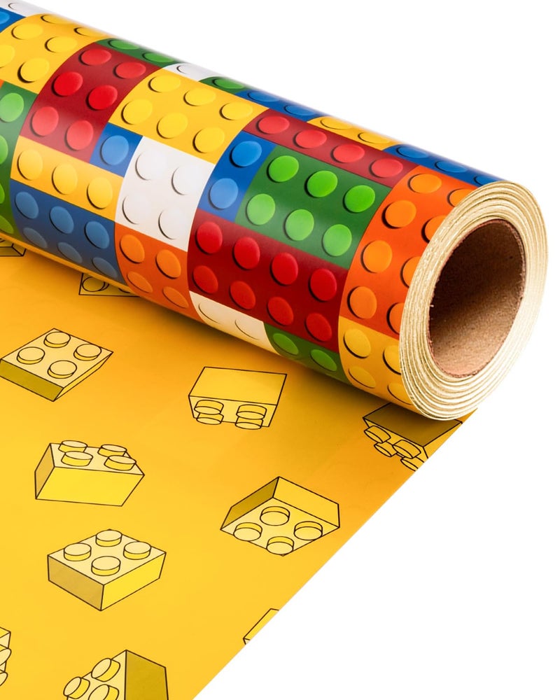 MAYPLUSS Wrapping Paper Roll - 17 Inch X 16.5 Feet Building Blocks Gift Wrap Featuring Colorful Building Bricks for Boys Girls Kids Birthday Party - Image 1