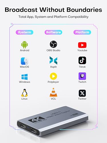 XIIXMASK Video Capture Card, USB 3.0 Capture Card 4K HDMI Loop-Out, 4K 60FPS/1080P 240FPS Video Game Capture for Works for PS5/Camera/PC/Streaming - Image 5