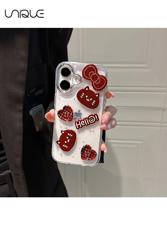 يونيك جراب هاتف iPhone 16 - جراب هاتف 3D Kitten - جراب هاتف Red Bow - جراب هاتف أنيق وبسيط - حماية من السقوط TPU - Image 1