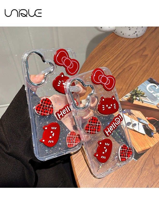 يونيك جراب هاتف iPhone 16 - جراب هاتف 3D Kitten - جراب هاتف Red Bow - جراب هاتف أنيق وبسيط - حماية من السقوط TPU - Image 2