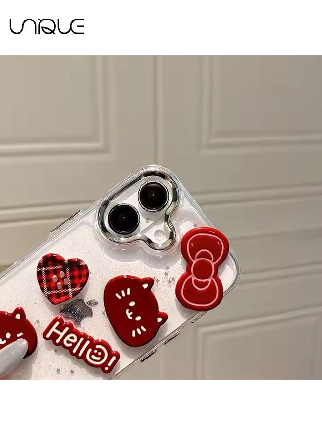 يونيك جراب هاتف iPhone 16 - جراب هاتف 3D Kitten - جراب هاتف Red Bow - جراب هاتف أنيق وبسيط - حماية من السقوط TPU - Image 3