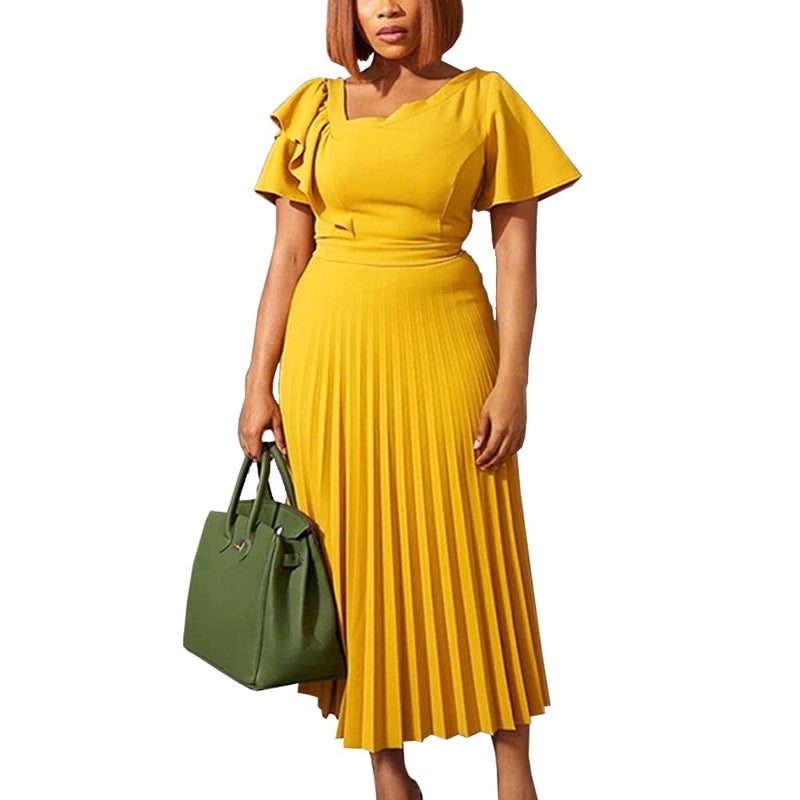 AOMEI Women's Yellow Short Sleeve Asymmetrical Ruffles High Waist Pleated Hem Midi Spring Dress (L,Large) - Image 4