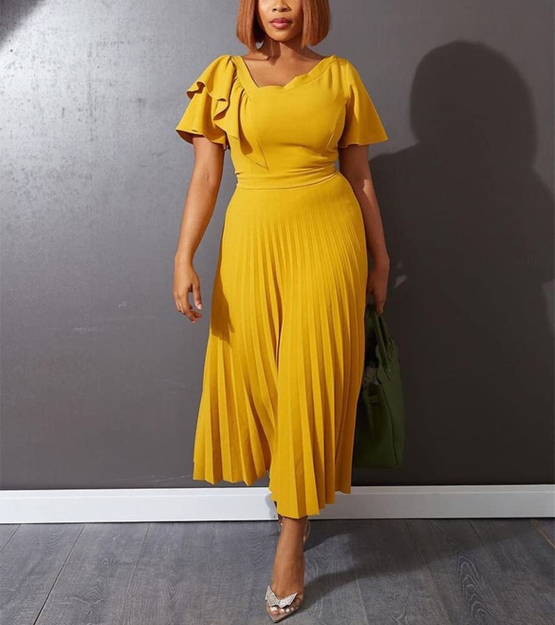 AOMEI Women's Yellow Short Sleeve Asymmetrical Ruffles High Waist Pleated Hem Midi Spring Dress (L,Large) - Image 5