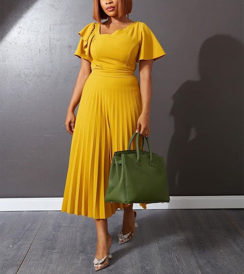 AOMEI Women's Yellow Short Sleeve Asymmetrical Ruffles High Waist Pleated Hem Midi Spring Dress (L,Large) - Image 3