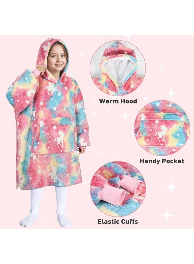 Catalonia Rainbow Unicorn Blanket Hoodie for Kids, Glow in The Dark Oversized Sherpa Sweatshirt Pullover, Cozy Wearable Blanket Gift for Girls & Boys 7-16 Years - Image 3