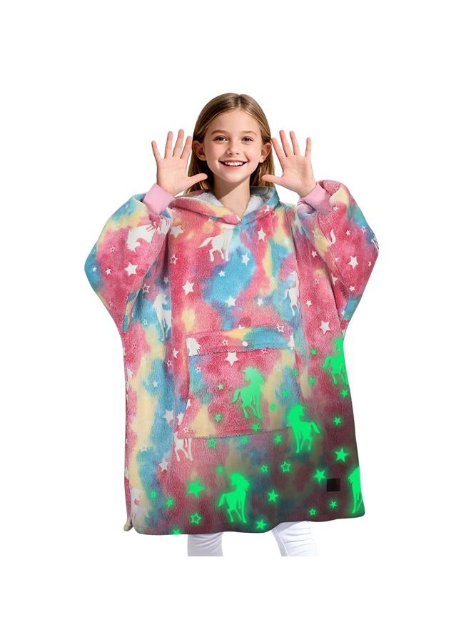 Catalonia Rainbow Unicorn Blanket Hoodie for Kids, Glow in The Dark Oversized Sherpa Sweatshirt Pullover, Cozy Wearable Blanket Gift for Girls & Boys 7-16 Years - Image 1