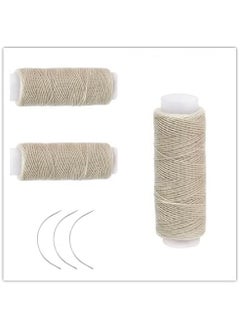 3 Rolls Cotton Sewing Thread Hair Weaving Making Wig Extension Salon Weft Black Brown Beige with Curved Needles Beige 3Pcs
