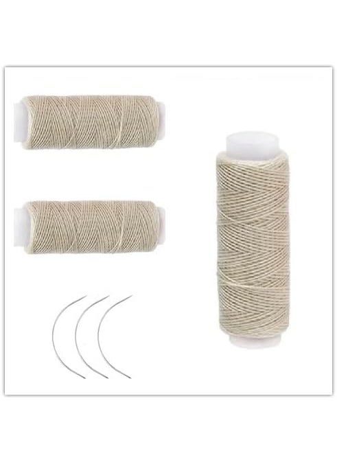 Ayina - 3 Rolls Cotton Sewing Thread Hair Weaving Making Wig Extension Salon Weft Black Brown Beige with Curved Needles Beige 3Pcs - Image 1