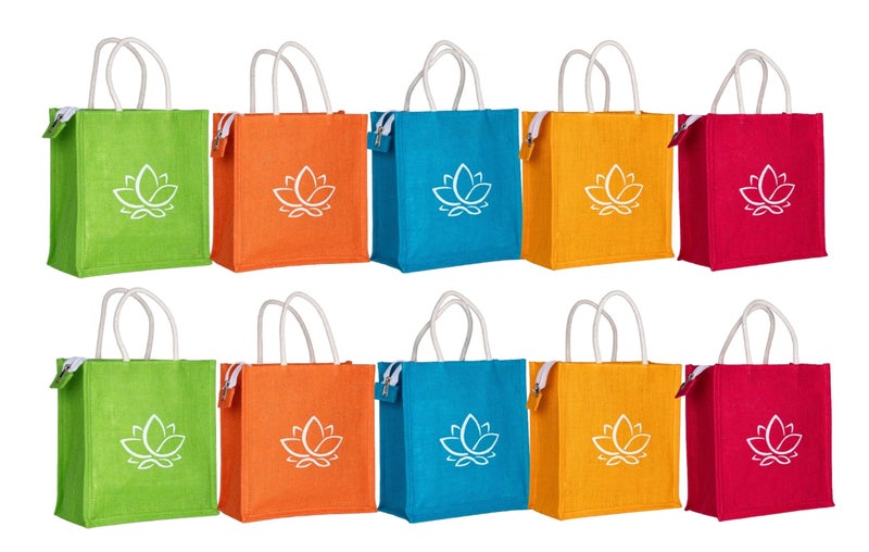 Soman Jute Ecofriendly Return Gift Bags Lotus Printed Multicolor with Zip Pack of 10 Bags - Image 1