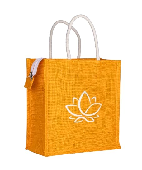 Soman Jute Ecofriendly Return Gift Bags Lotus Printed Multicolor with Zip Pack of 10 Bags - Image 4