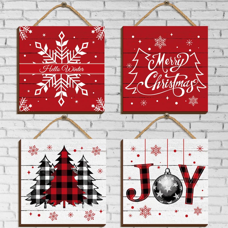 Beeveer 4 Pcs Merry Christmas Sign Buffalo Plaid Wood Wall Hanging Christmas Wooden Door Sign Farmhouse Plaque Christmas Tree Decorations Set Wall Pediments for Front Xmas Home Door Decor - Image 1