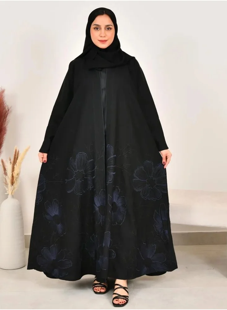 lamha abaya Black, flared abaya with elegant navy blue embroidery at the bottom of the abaya