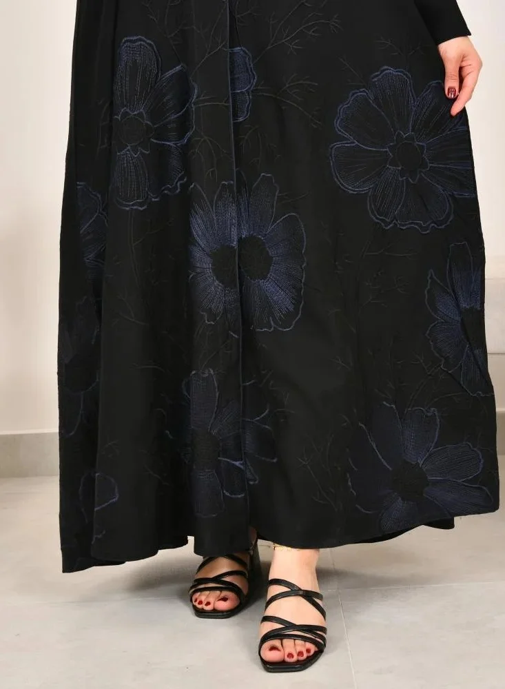 lamha abaya Black, flared abaya with elegant navy blue embroidery at the bottom of the abaya