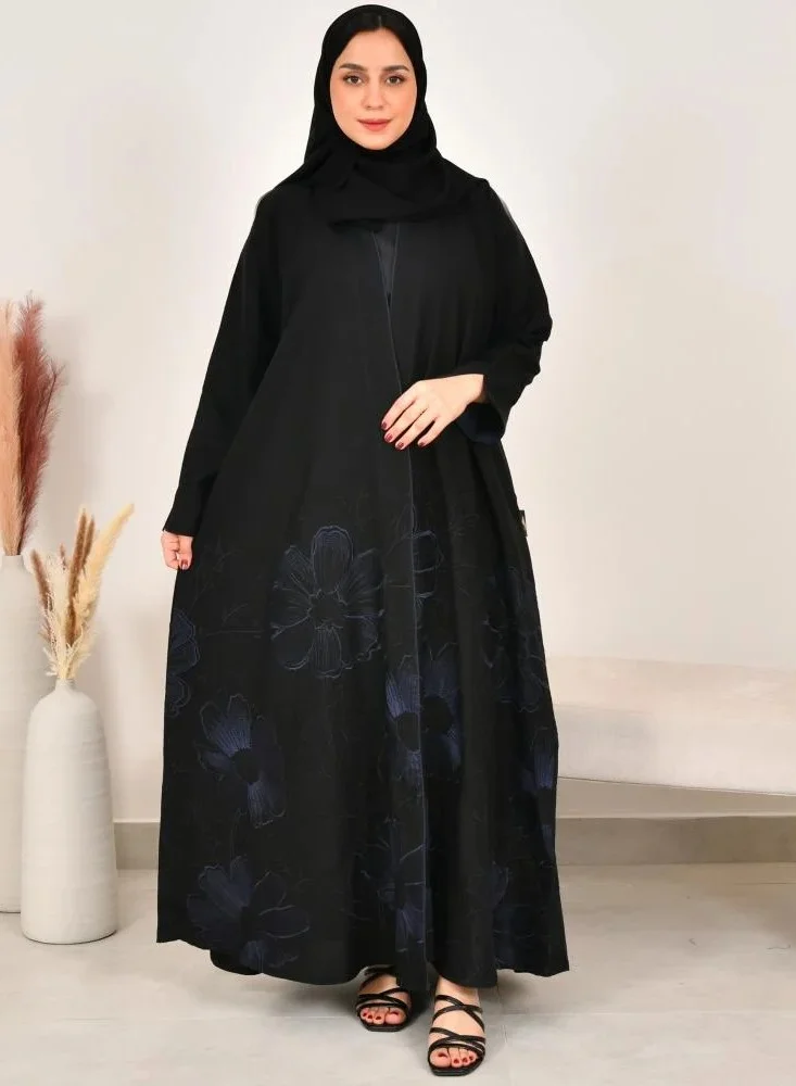 lamha abaya Black, flared abaya with elegant navy blue embroidery at the bottom of the abaya