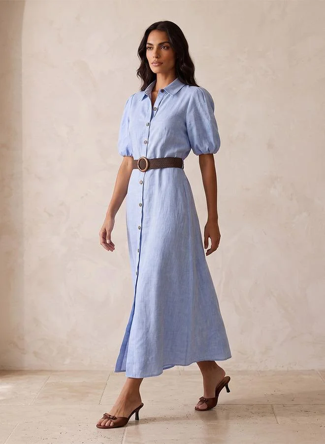 Splash FAV BLUE Basics Linen Shirt Dress with Belt for Women | Best Price UAE