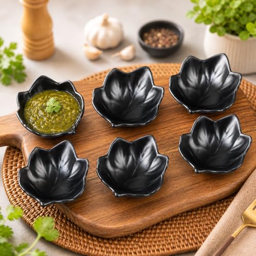 MARKET 99 Market99 Melamine Chutney Dip Bowl Set of 6 - Black Leaf Shape (30ml Each) | Matte Finish Small Serving Bowls for Sauce, Snacks & Dips | Lightweight Bowls for Kitchen & Dining - Image 1
