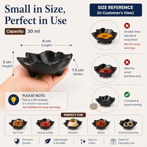 MARKET 99 Market99 Melamine Chutney Dip Bowl Set of 6 - Black Leaf Shape (30ml Each) | Matte Finish Small Serving Bowls for Sauce, Snacks & Dips | Lightweight Bowls for Kitchen & Dining - Image 2