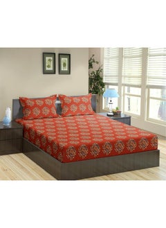 Trance Home Linen Trance Home Linen 200TC 100% Cotton 78"x78" Elastic Fitted Bedsheet Super King Bed Size | Printed Fitted Sheet | Elasticated Fitted Bedspread with 2 Pillow Covers (78x78 inch, Damask Clay Red)  - Image 1