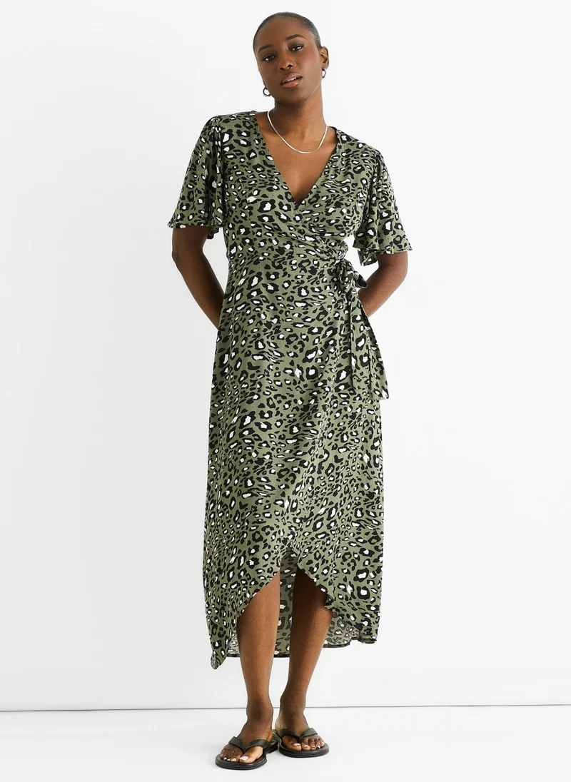 Khaki Animal Print Viscose Wrap Midi Dress