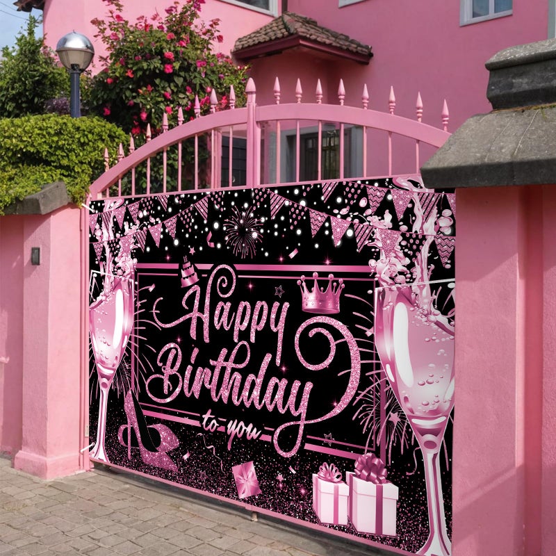 Yoirrat Pink and Black Happy Birthday Banner Hot Pink Black Birthday Party Decorations Backdrop for Women Girls Light Glitter Bday Sign Banner Photo Backdrop Background Supplies Decorations - Image 4