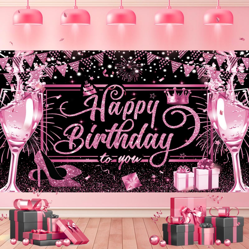 Yoirrat Pink and Black Happy Birthday Banner Hot Pink Black Birthday Party Decorations Backdrop for Women Girls Light Glitter Bday Sign Banner Photo Backdrop Background Supplies Decorations - Image 1