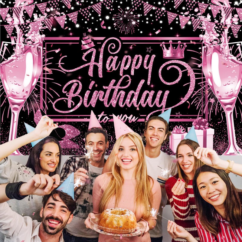 Yoirrat Pink and Black Happy Birthday Banner Hot Pink Black Birthday Party Decorations Backdrop for Women Girls Light Glitter Bday Sign Banner Photo Backdrop Background Supplies Decorations - Image 5
