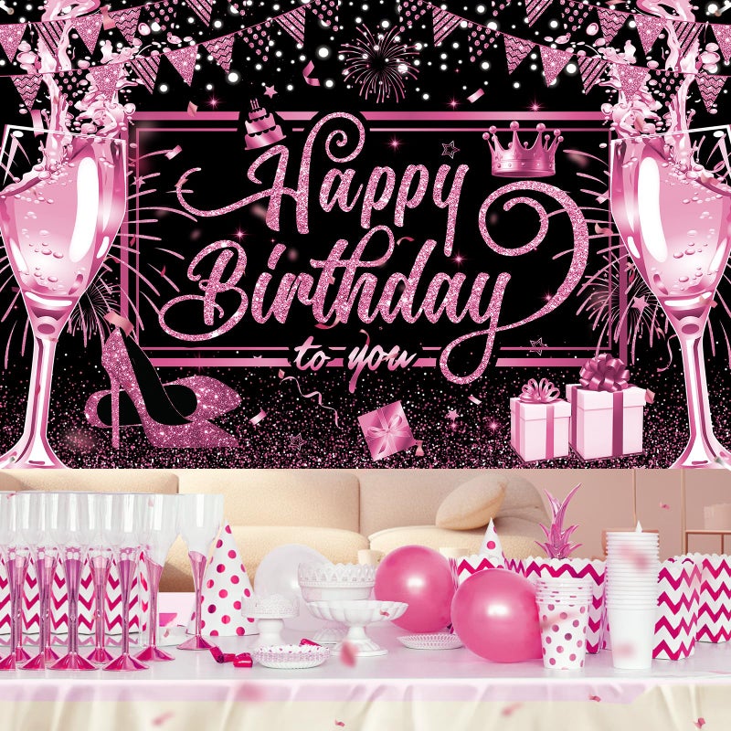 Yoirrat Pink and Black Happy Birthday Banner Hot Pink Black Birthday Party Decorations Backdrop for Women Girls Light Glitter Bday Sign Banner Photo Backdrop Background Supplies Decorations - Image 2