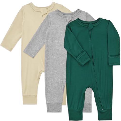 Aablexema Baby Footless Pajamas Bamboo Rayon 3pcs Unisex Infant Zipper Romper with Mitten Cuffs(Beige&Light Grey&Green,Newborn) - Image 1